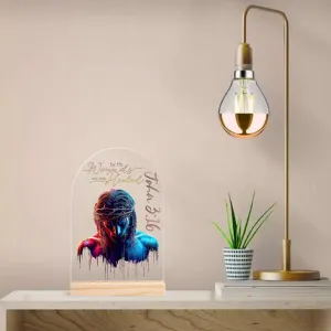 By His Wounds We Are Healed Jesus Graphic Acrylic LED Lamp With Wooden Base