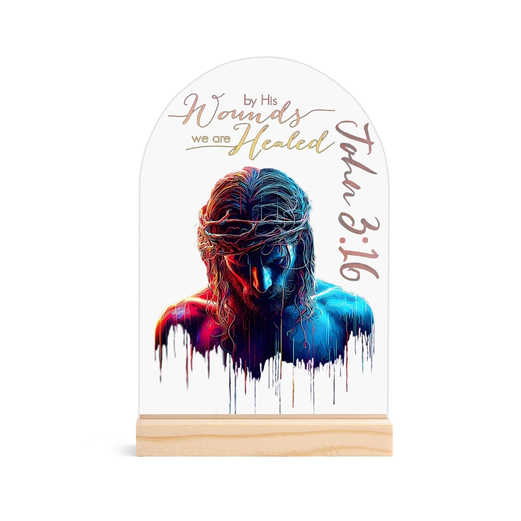 By His Wounds We Are Healed Jesus Graphic Acrylic LED Lamp With Wooden Base