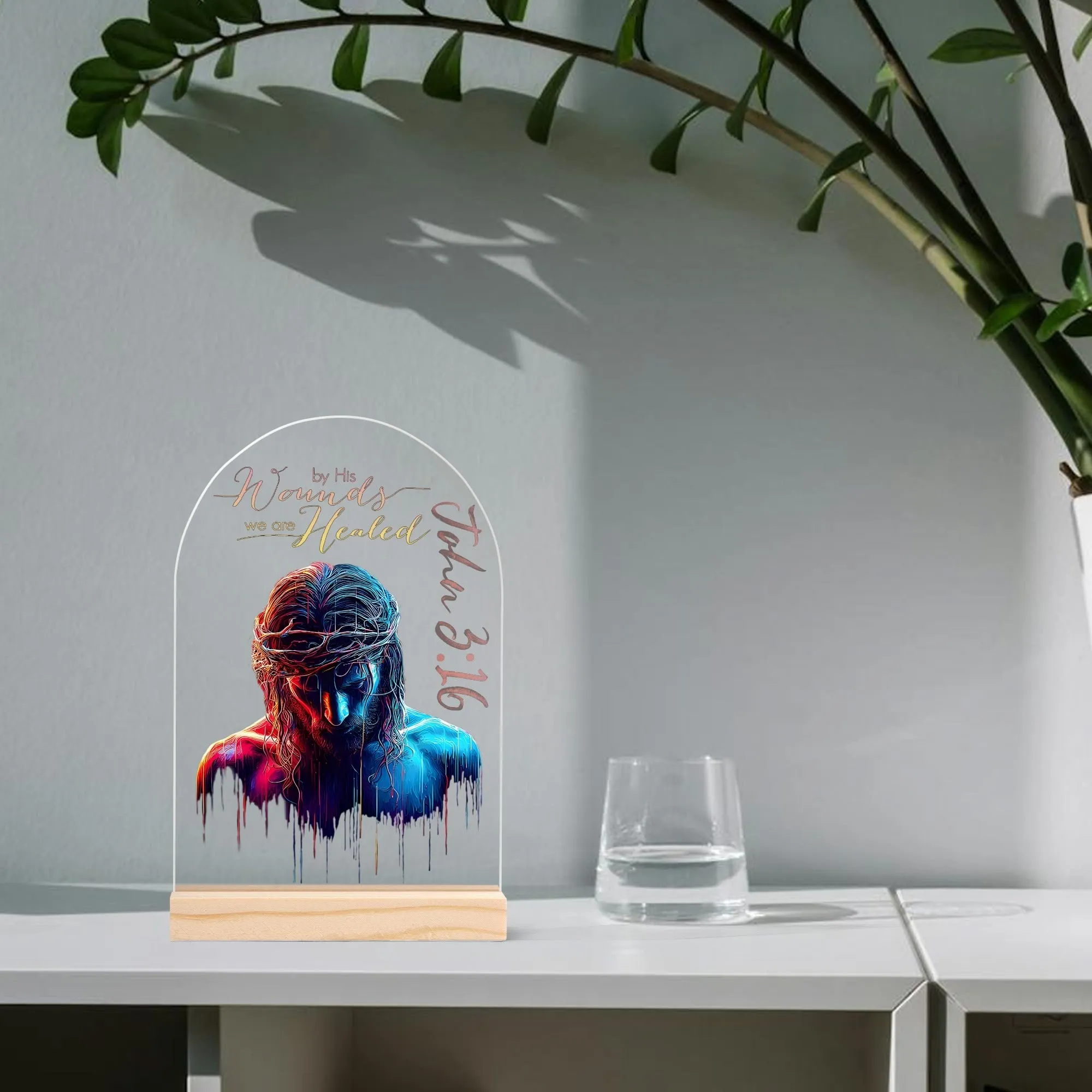 By His Wounds We Are Healed Jesus Graphic Acrylic LED Lamp With Wooden Base