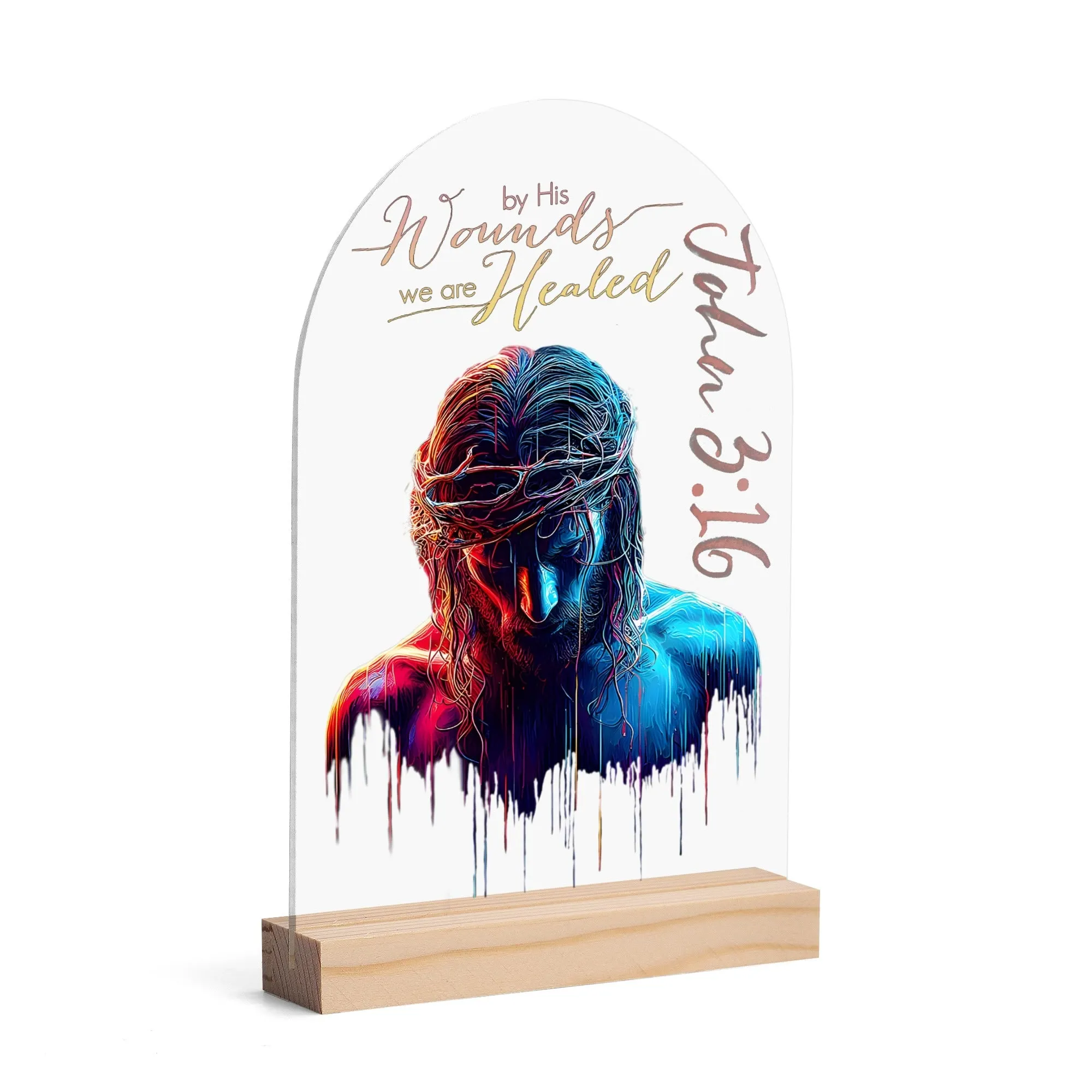 By His Wounds We Are Healed Jesus Graphic Acrylic LED Lamp With Wooden Base
