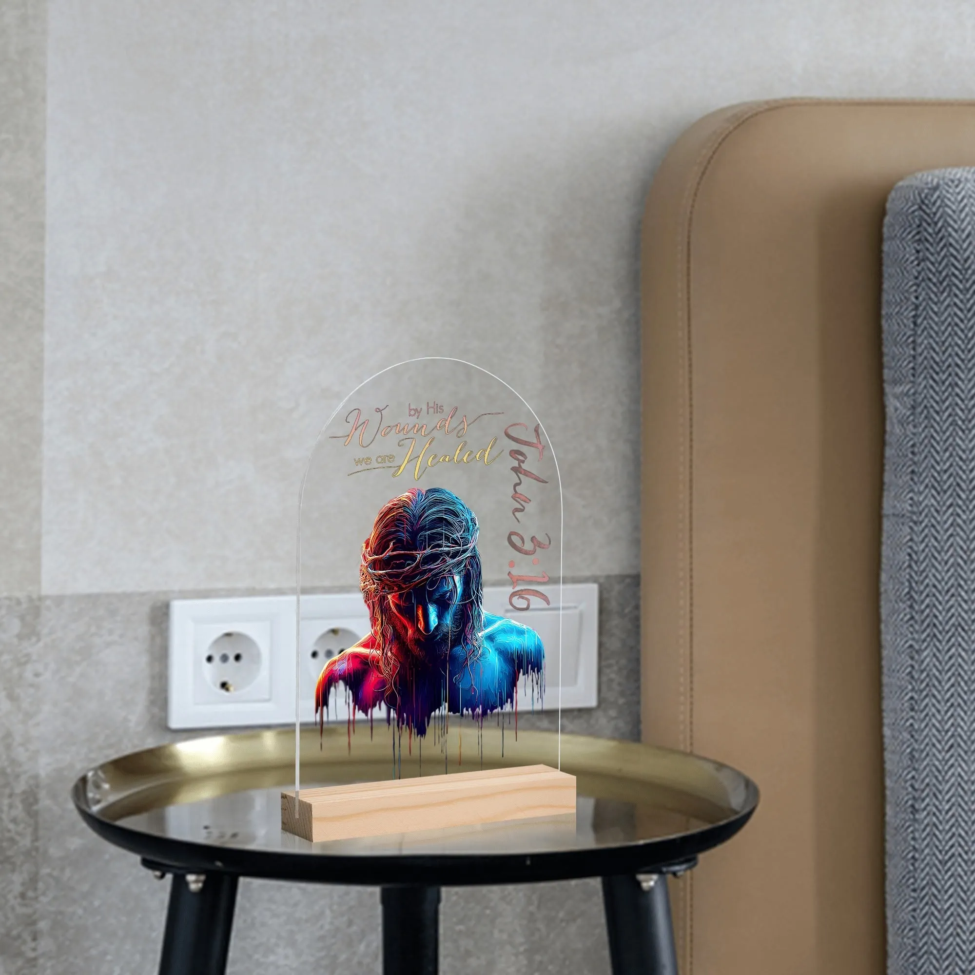 By His Wounds We Are Healed Jesus Graphic Acrylic LED Lamp With Wooden Base