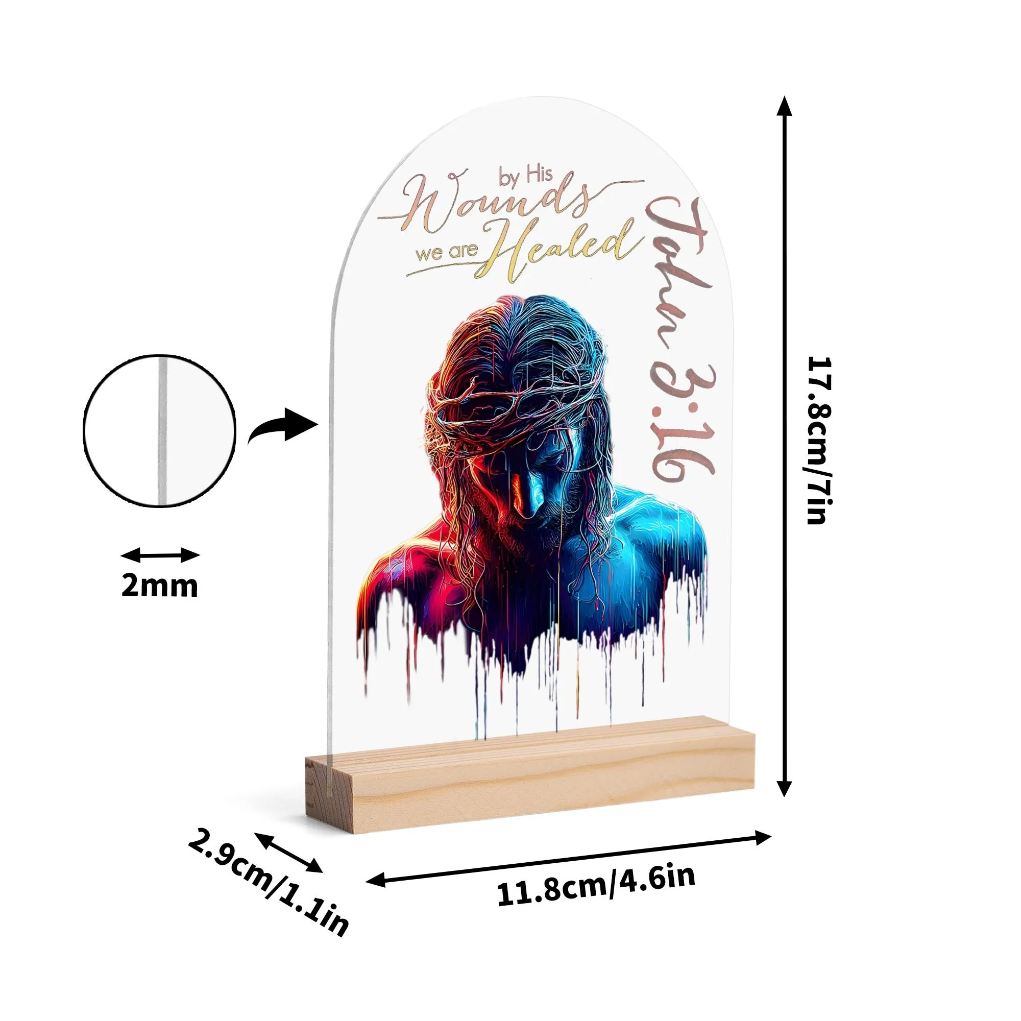By His Wounds We Are Healed Jesus Graphic Acrylic LED Lamp With Wooden Base