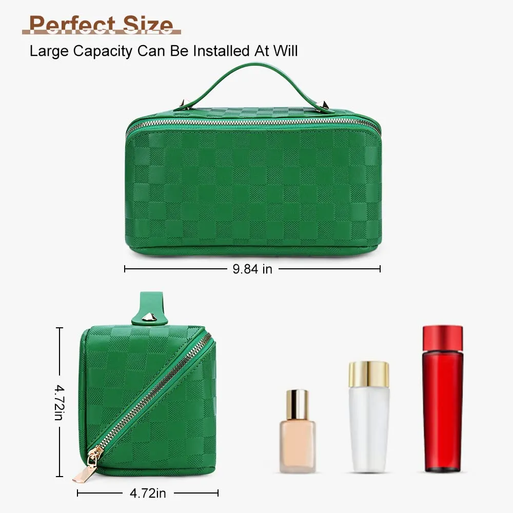 Cessfle Large Capacity Travel Cosmetic Bag Plaid Checkered Makeup Bag Portable Leather Waterproof Skincare Bag with Handle & Divider for Women, 01-Green