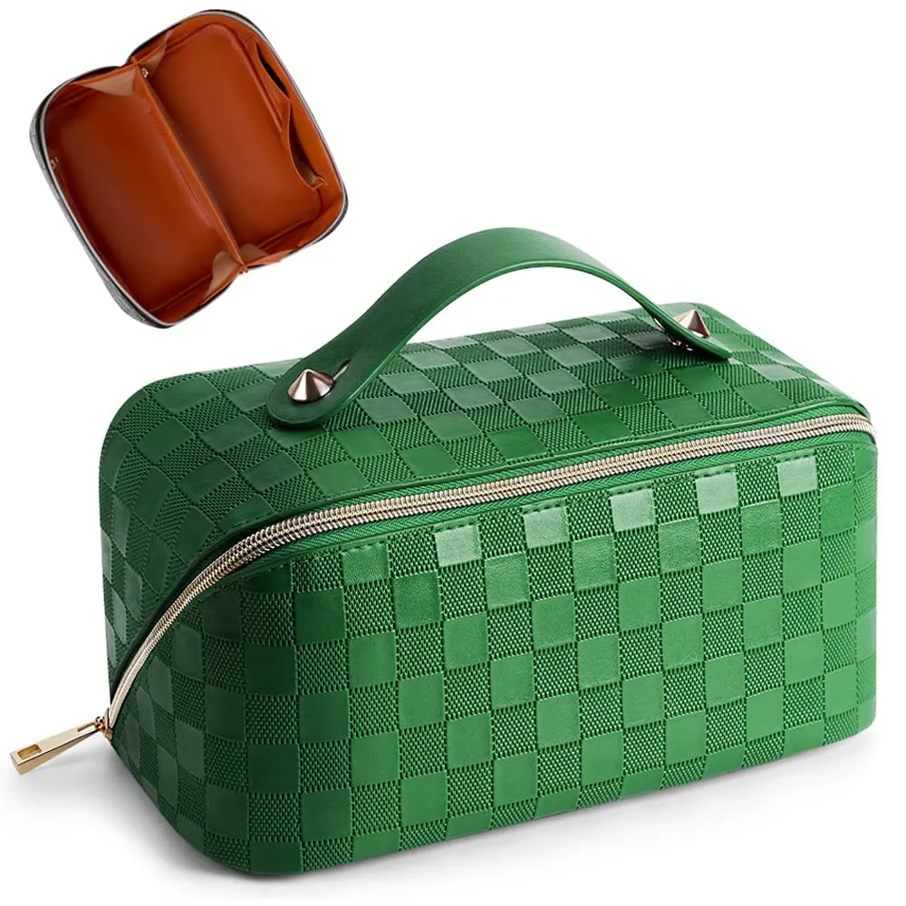 Cessfle Large Capacity Travel Cosmetic Bag Plaid Checkered Makeup Bag Portable Leather Waterproof Skincare Bag with Handle & Divider for Women, 01-Green