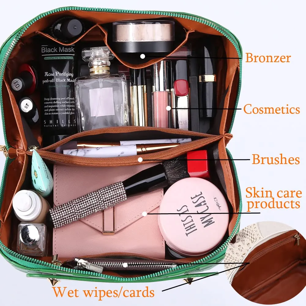 Cessfle Large Capacity Travel Cosmetic Bag Plaid Checkered Makeup Bag Portable Leather Waterproof Skincare Bag with Handle & Divider for Women, 01-Green