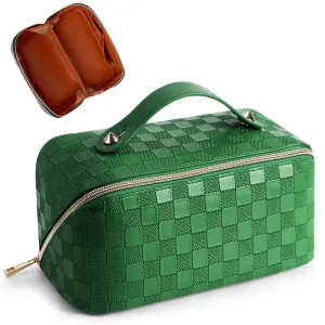 Cessfle Large Capacity Travel Cosmetic Bag Plaid Checkered Makeup Bag Portable Leather Waterproof Skincare Bag with Handle & Divider for Women, 01-Green