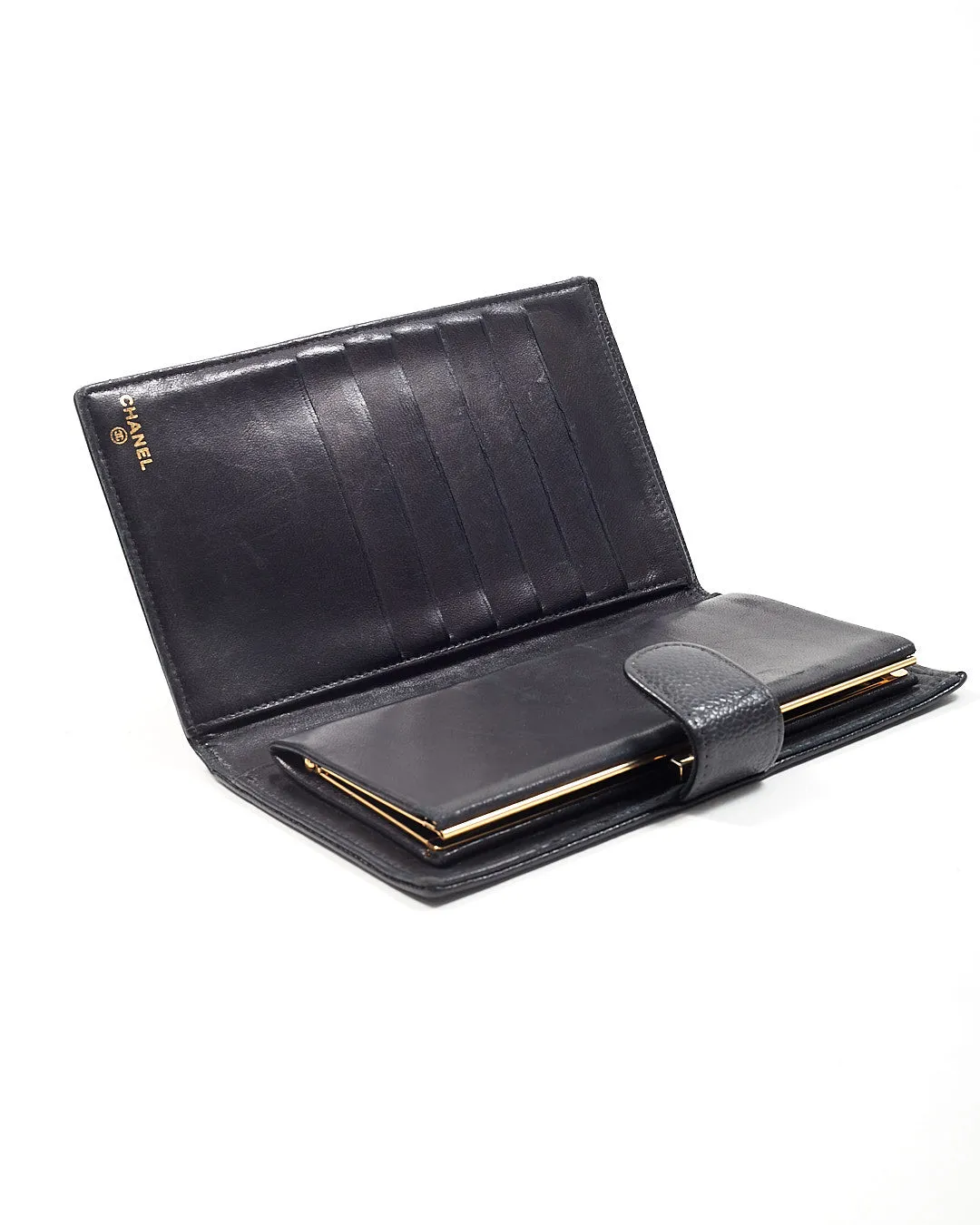 Chanel Black Caviar French Timeless Compact CC Interlocking Logo Wallet
