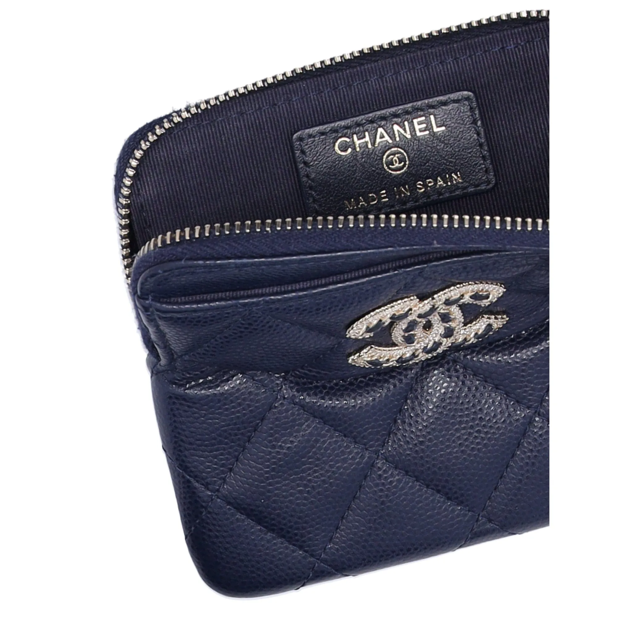 Chanel Caviar Quilted Crystal Zip Card Holder Wallet Navy