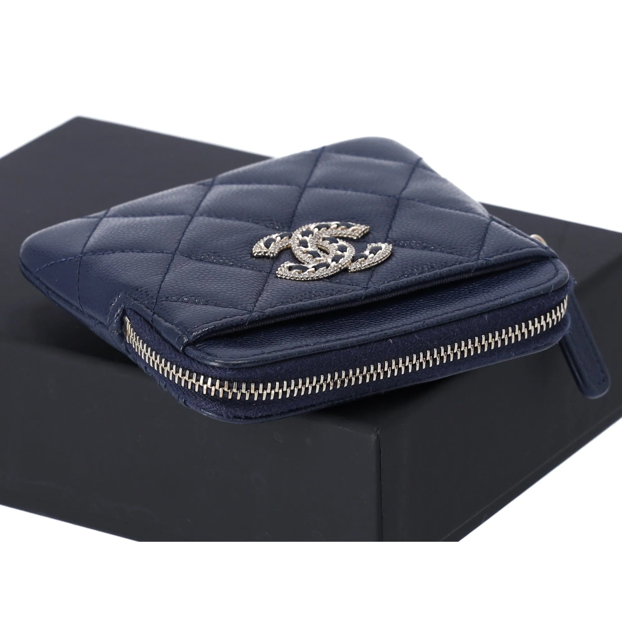 Chanel Caviar Quilted Crystal Zip Card Holder Wallet Navy
