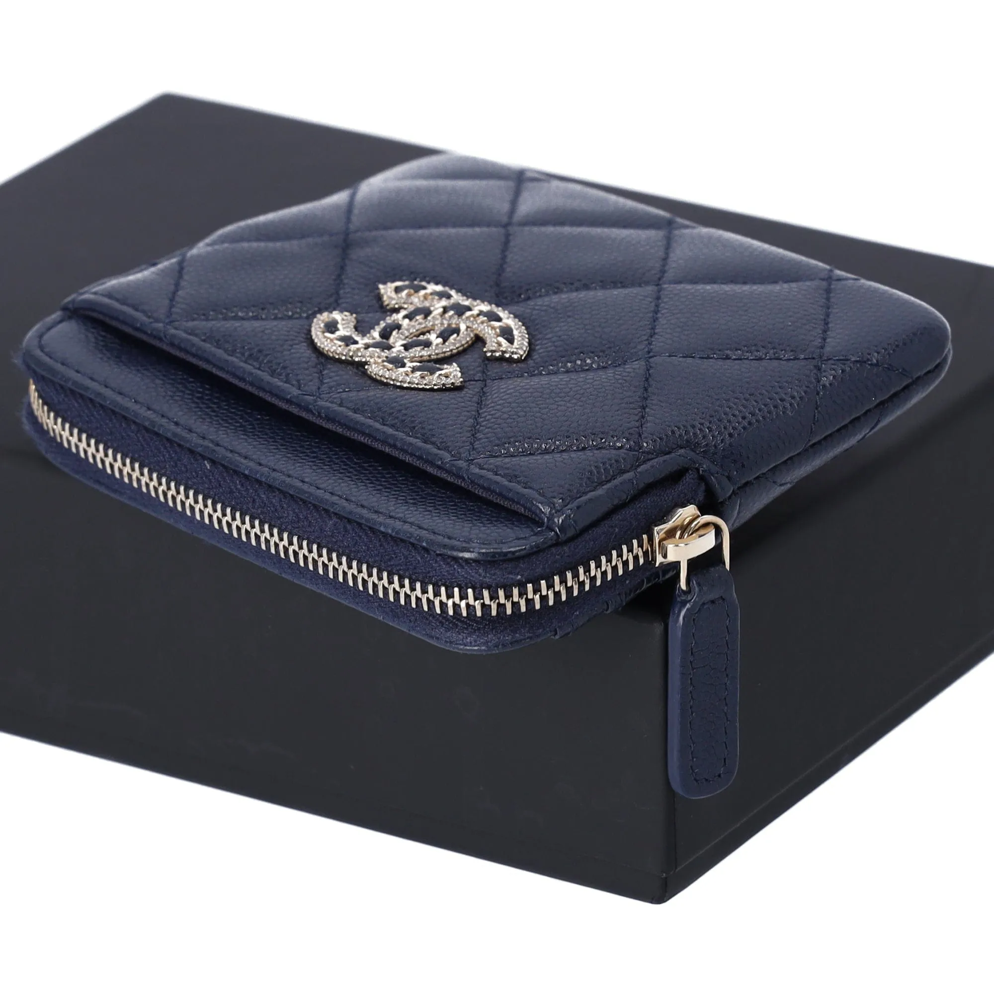 Chanel Caviar Quilted Crystal Zip Card Holder Wallet Navy
