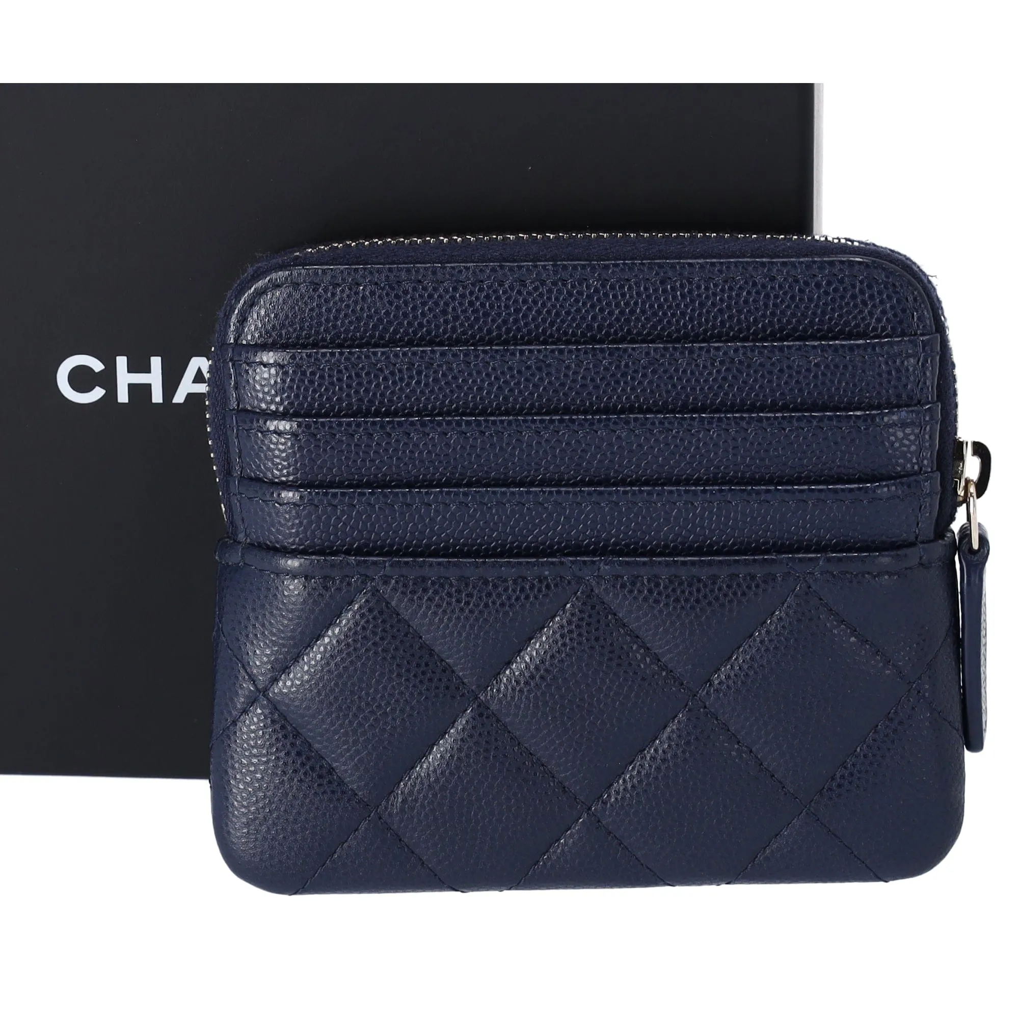 Chanel Caviar Quilted Crystal Zip Card Holder Wallet Navy
