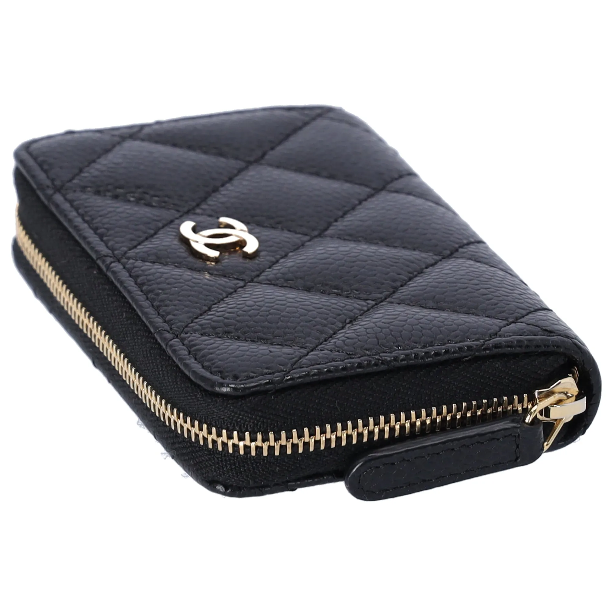 CHANEL Matelasse Coin Case Wallet Black Gold Caviar Leather