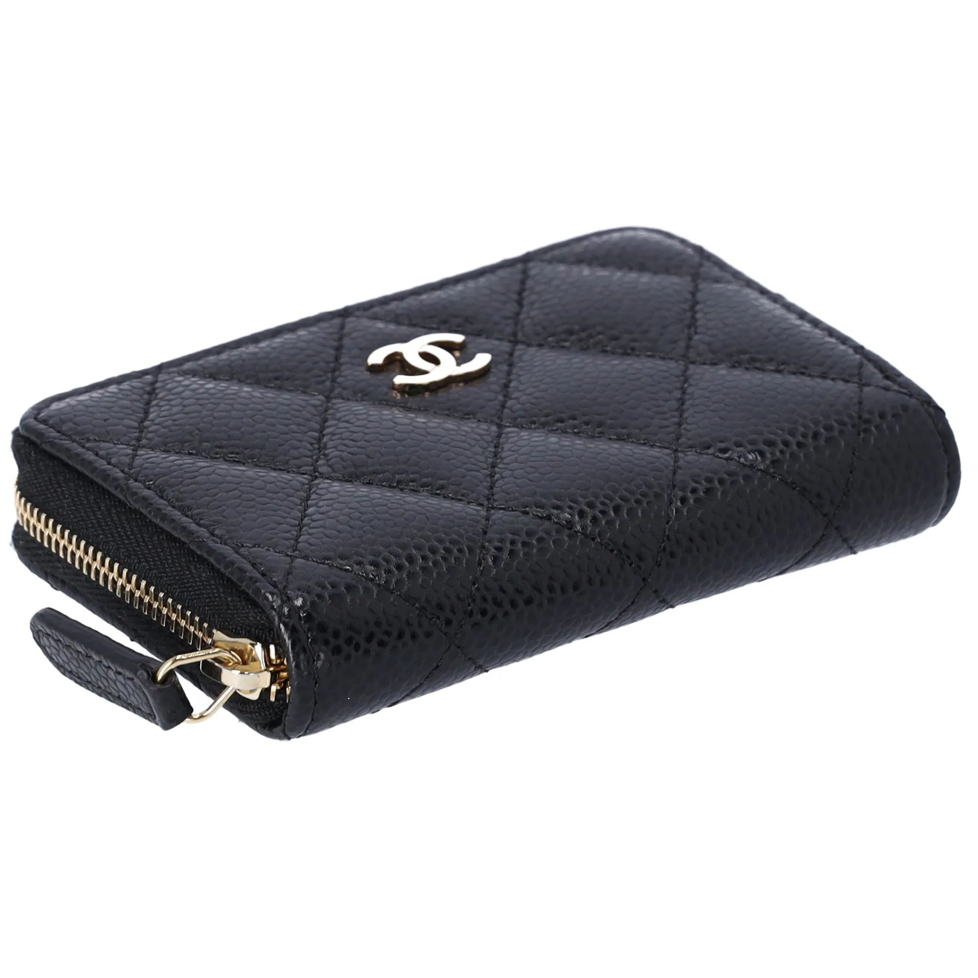 CHANEL Matelasse Coin Case Wallet Black Gold Caviar Leather