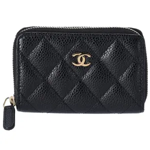 CHANEL Matelasse Coin Case Wallet Black Gold Caviar Leather