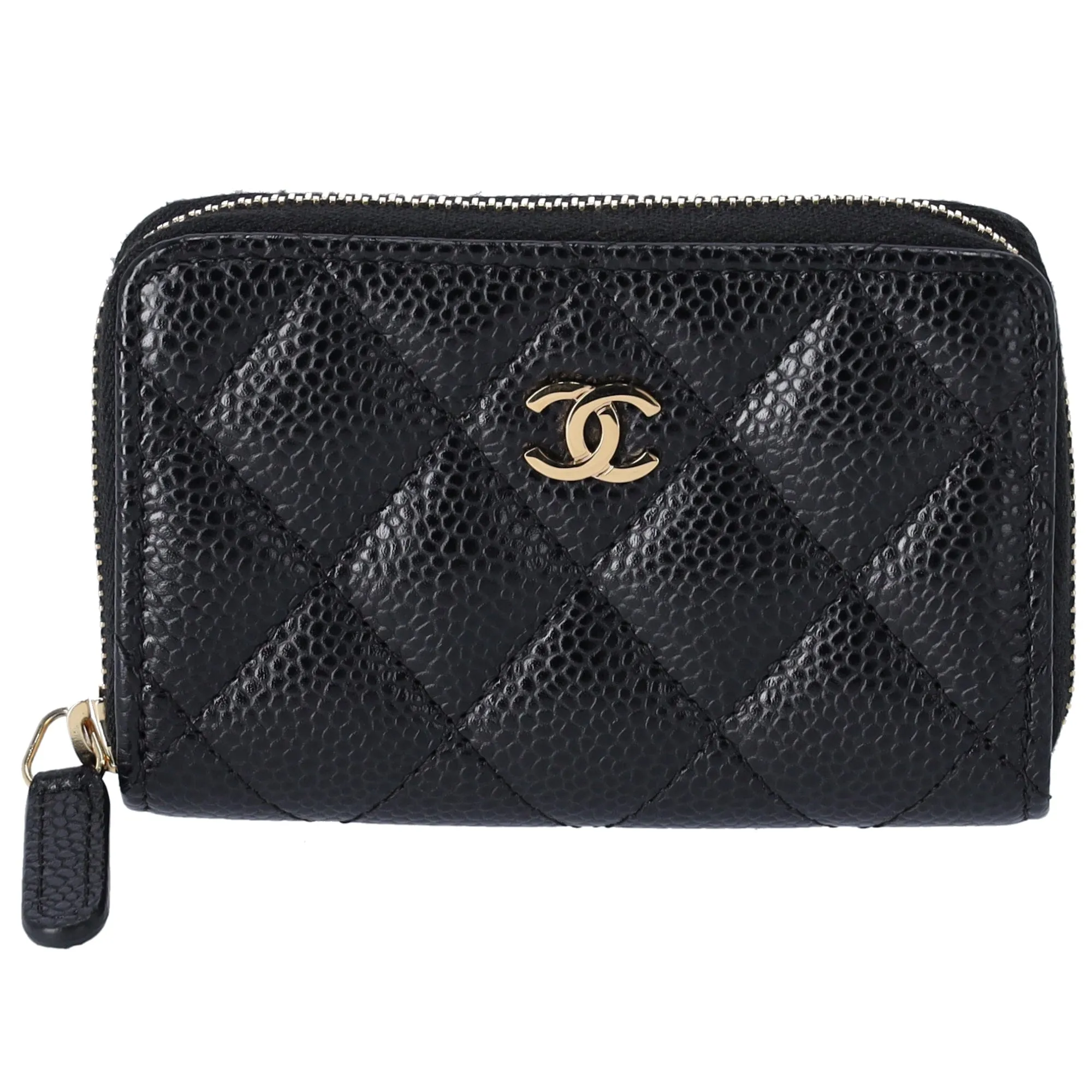 CHANEL Matelasse Coin Case Wallet Black Gold Caviar Leather