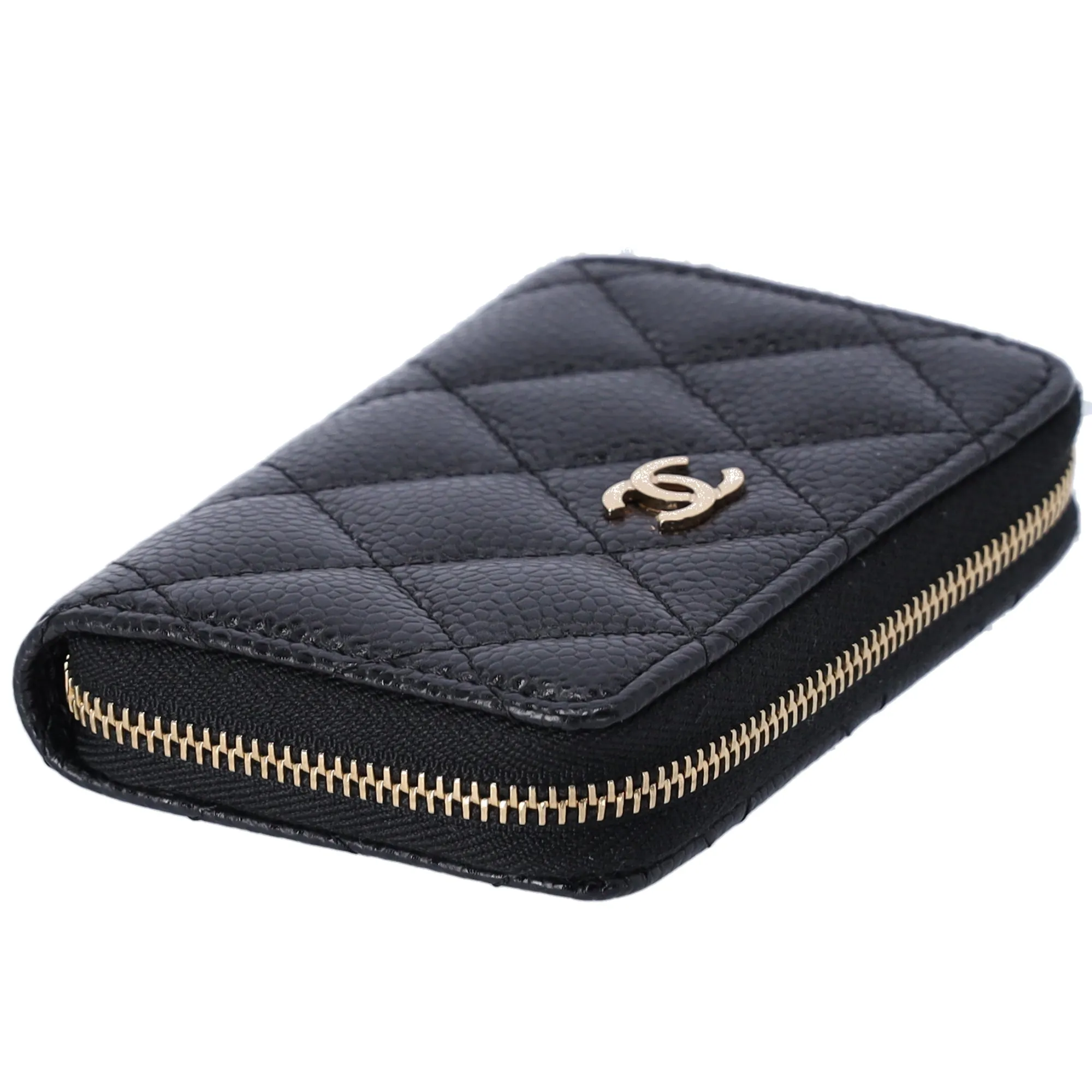 CHANEL Matelasse Coin Case Wallet Black Gold Caviar Leather