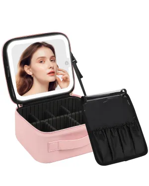 Chomeiu Makeup Bag with LED Mirror, Cute Cosmetic Bags Birthday Gifts for Girls Women, Makeup Train Case Artists Organizer Large Make Up Bags with Light Up Mirror 3 Color Lights, Pink