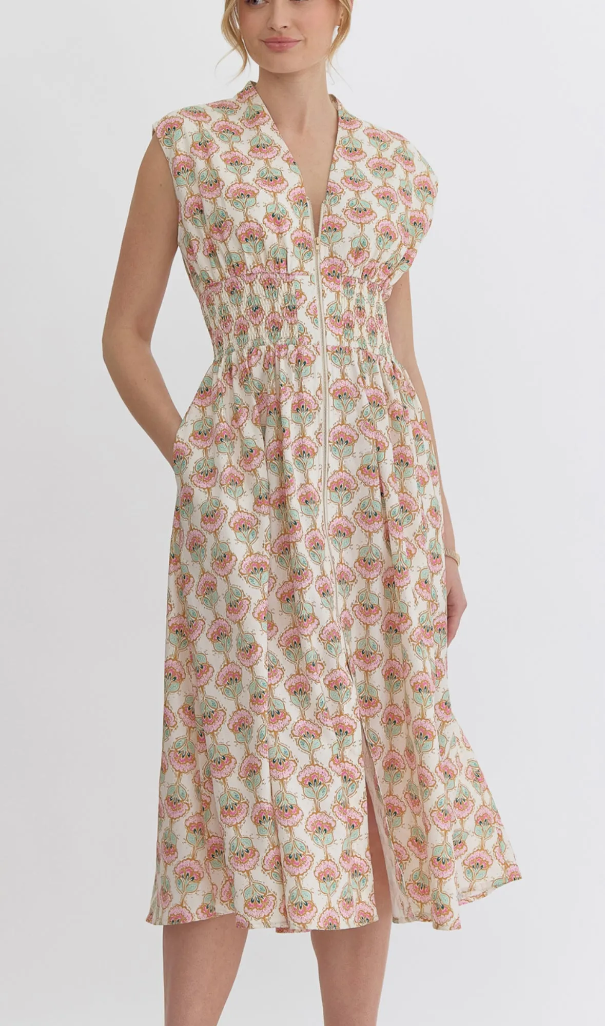 Cream patterned Floral Zip Up dress