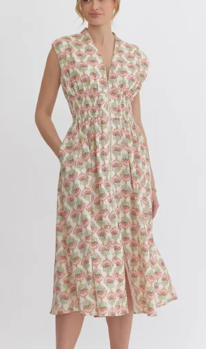 Cream patterned Floral Zip Up dress