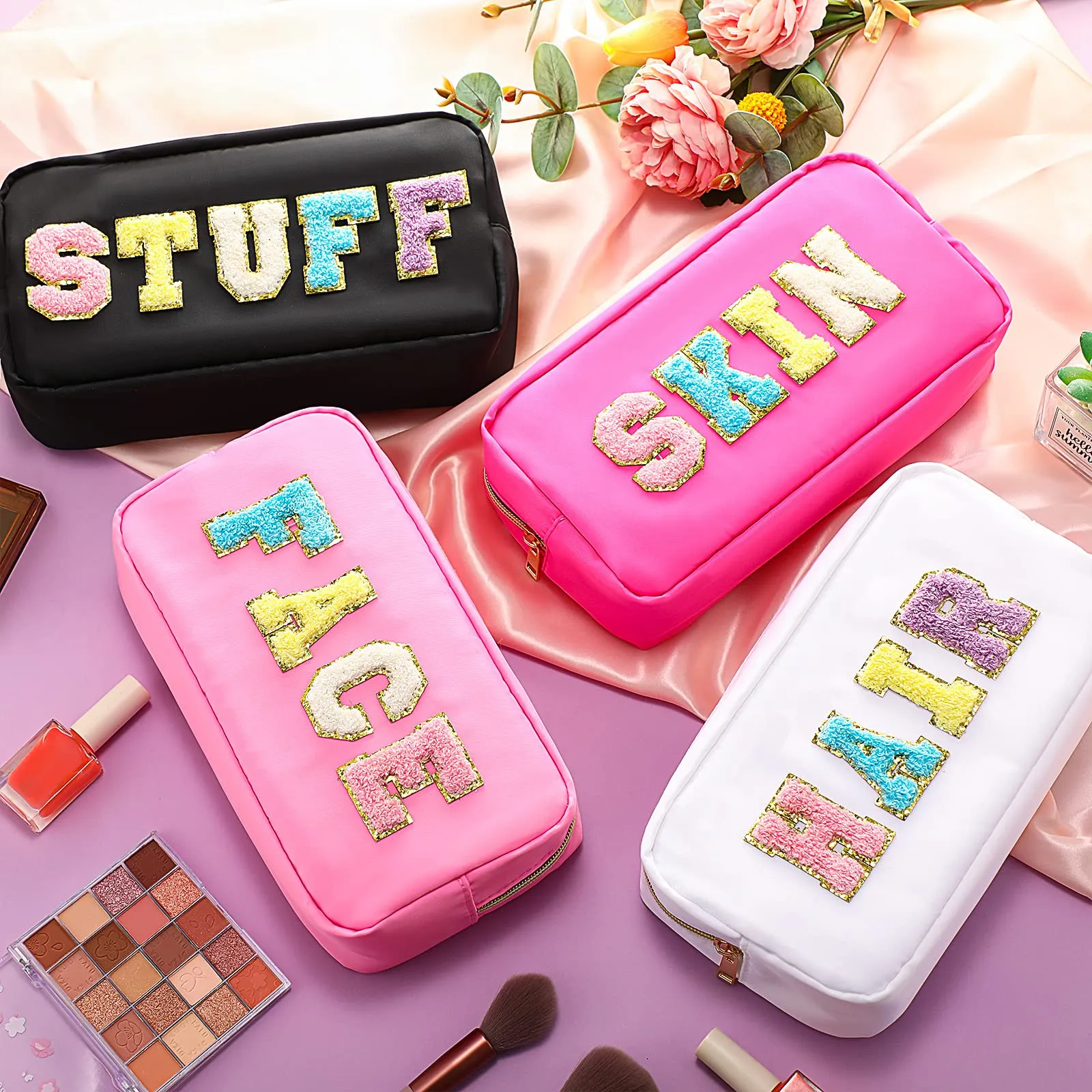 Cunno 4 Pcs Preppy Makeup Bags Chenille Letter Stuff Bag Nylon Cosmetic Pouch Cases with Zipper for Women Travel Toiletry(Cute Colors,Vivid)