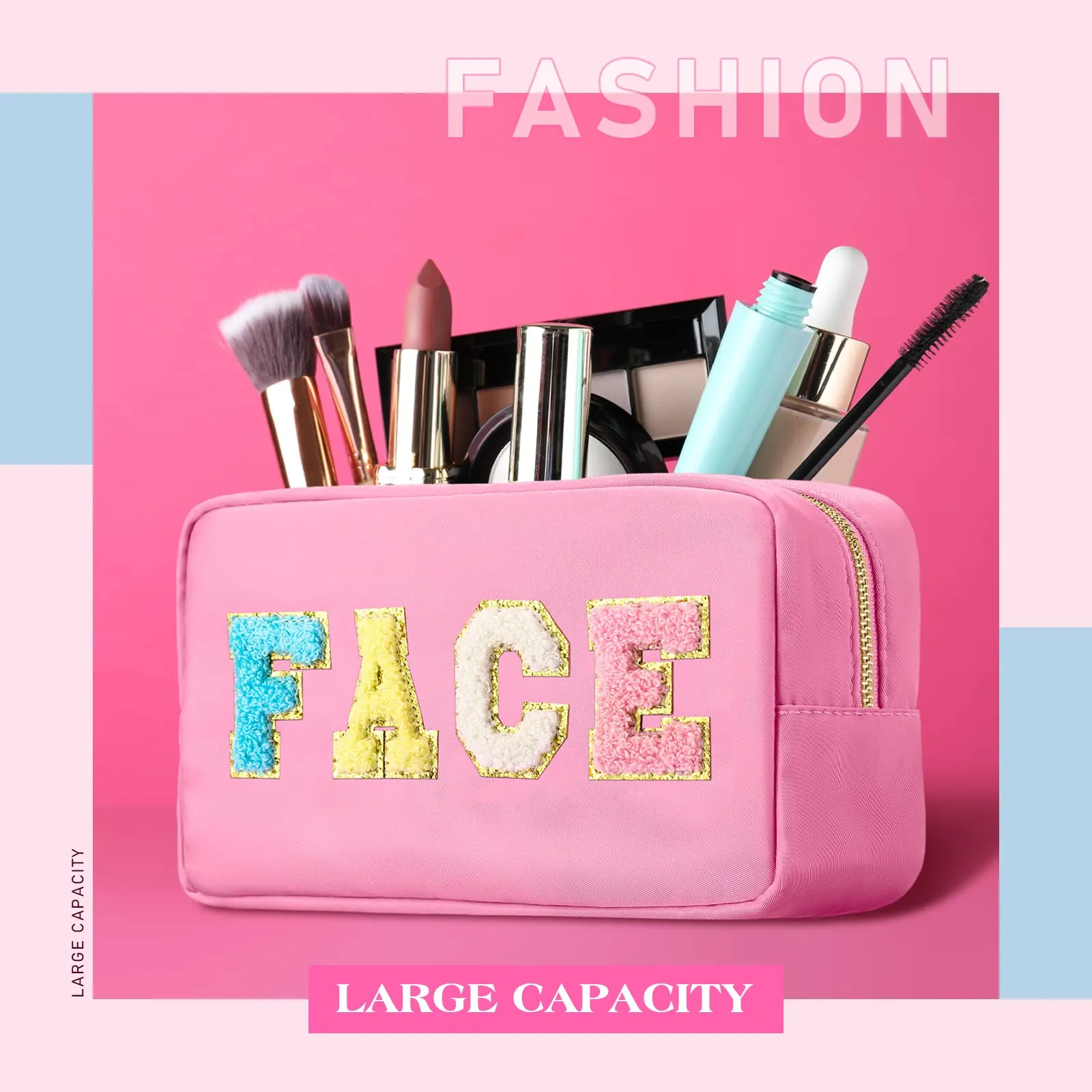 Cunno 4 Pcs Preppy Makeup Bags Chenille Letter Stuff Bag Nylon Cosmetic Pouch Cases with Zipper for Women Travel Toiletry(Cute Colors,Vivid)