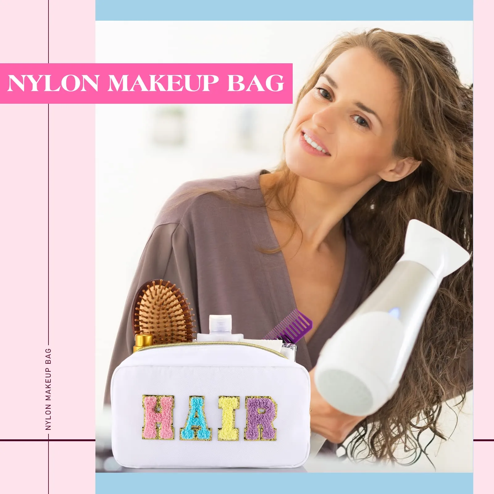Cunno 4 Pcs Preppy Makeup Bags Chenille Letter Stuff Bag Nylon Cosmetic Pouch Cases with Zipper for Women Travel Toiletry(Cute Colors,Vivid)