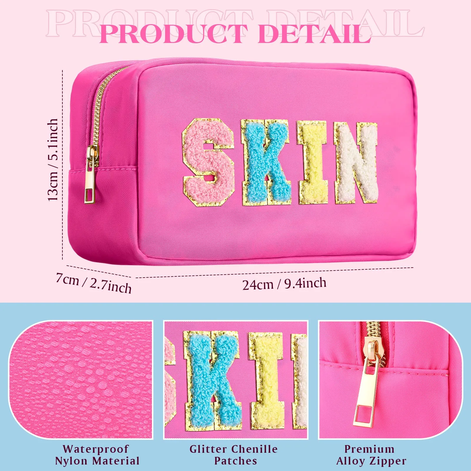 Cunno 4 Pcs Preppy Makeup Bags Chenille Letter Stuff Bag Nylon Cosmetic Pouch Cases with Zipper for Women Travel Toiletry(Cute Colors,Vivid)