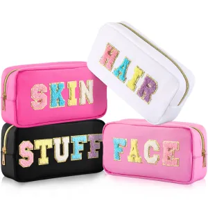 Cunno 4 Pcs Preppy Makeup Bags Chenille Letter Stuff Bag Nylon Cosmetic Pouch Cases with Zipper for Women Travel Toiletry(Cute Colors,Vivid)