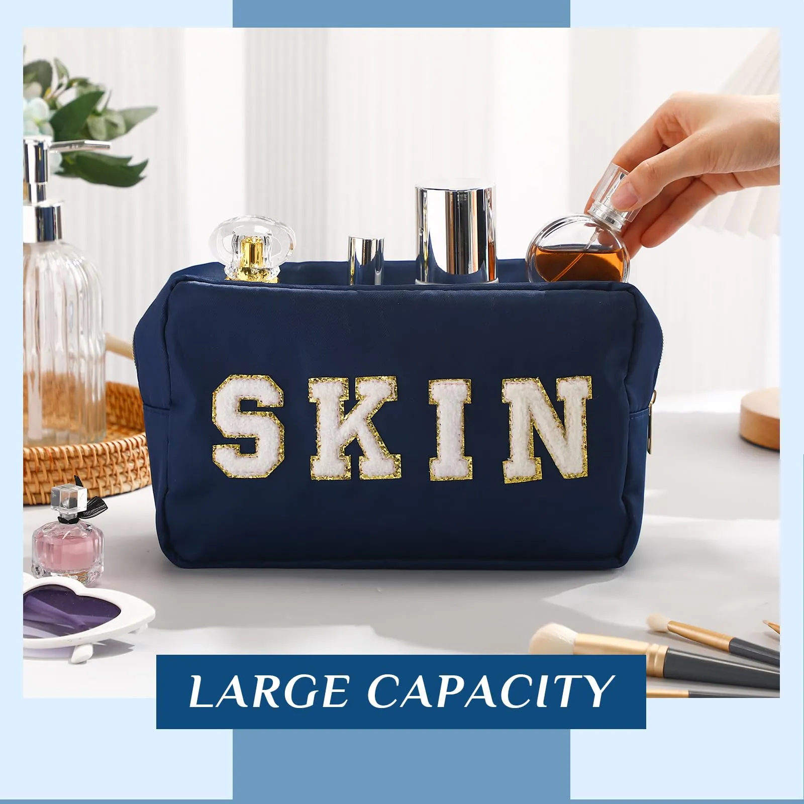 Cunno 4 Pcs Preppy Makeup Bags Chenille Letter Stuff Bag Nylon Cosmetic Pouch Cases with Zipper for Women Travel Toiletry(Dark Blue,Vivid)