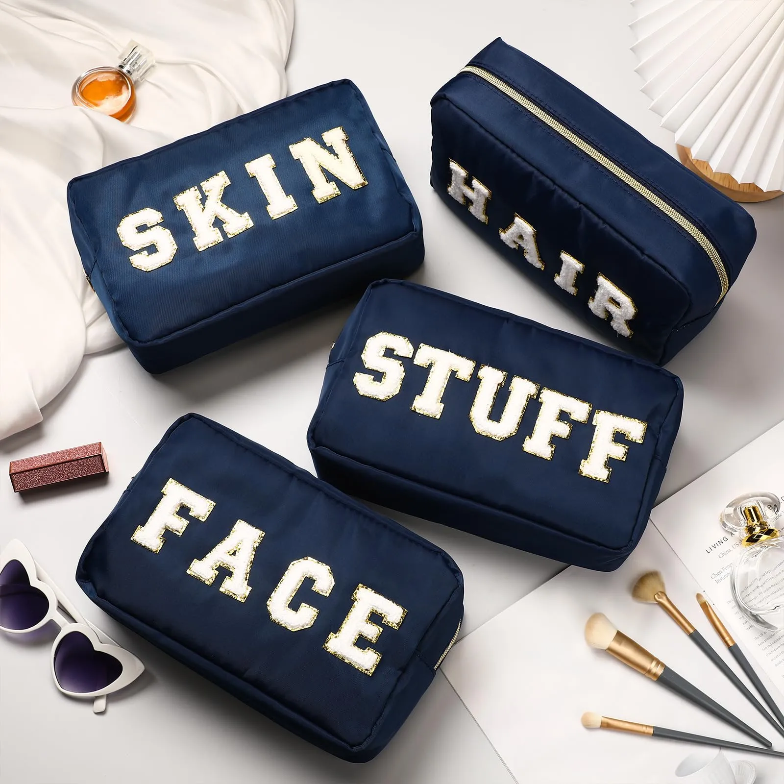 Cunno 4 Pcs Preppy Makeup Bags Chenille Letter Stuff Bag Nylon Cosmetic Pouch Cases with Zipper for Women Travel Toiletry(Dark Blue,Vivid)
