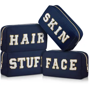 Cunno 4 Pcs Preppy Makeup Bags Chenille Letter Stuff Bag Nylon Cosmetic Pouch Cases with Zipper for Women Travel Toiletry(Dark Blue,Vivid)