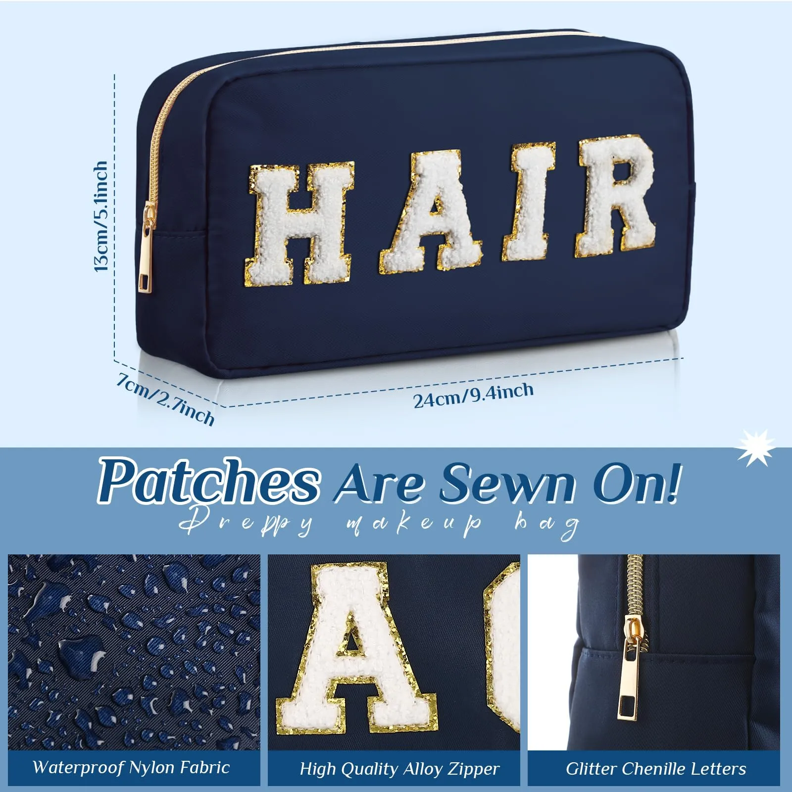 Cunno 4 Pcs Preppy Makeup Bags Chenille Letter Stuff Bag Nylon Cosmetic Pouch Cases with Zipper for Women Travel Toiletry(Dark Blue,Vivid)