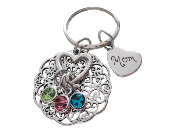 Custom Family Birthstone Keychain with Heart Charm, Gift for Mom or Gift for Grandma