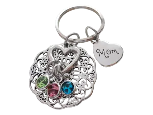 Custom Family Birthstone Keychain with Heart Charm, Gift for Mom or Gift for Grandma