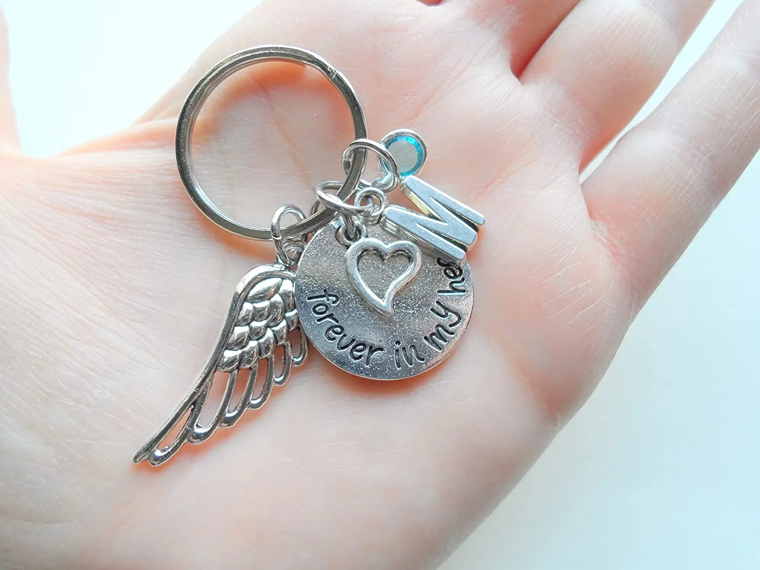 Custom Forever in My Heart Disc & Wing Charm Keychain, Family Loss Gift, Memorial Keychain