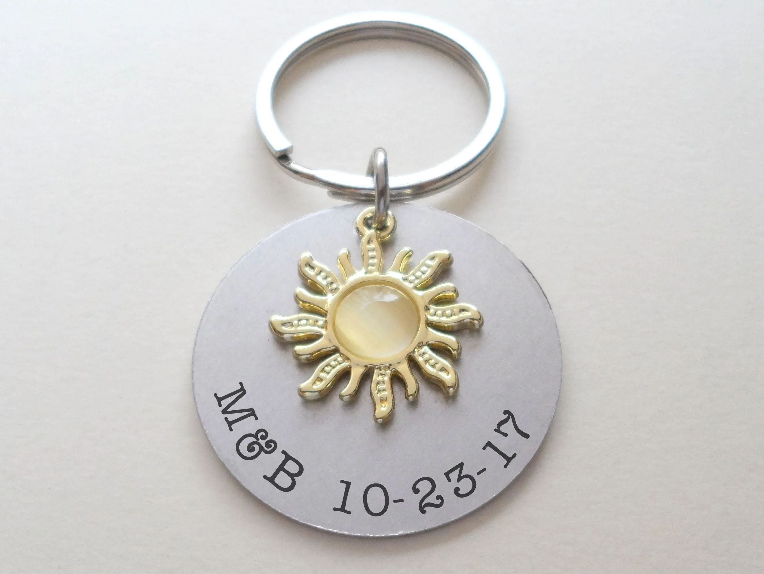Custom Golden Sun Charm Keychain with Engraved Aluminum Disc, Couples Anniversary Keychain or Best Friend Keychain