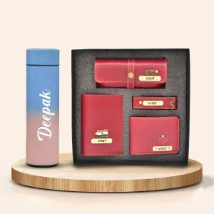 Customized Bottle with Temperature display - Pastel Shade 2 & All in One Men's Combo (4 pcs) - Wine
