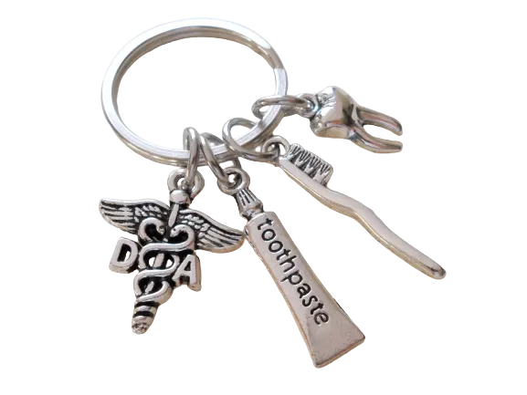 Dental Assistant Keychain With Tooth, Toothbrush, Toothpaste & DA Medical Charm Keychain, Employee Thank You Keychain