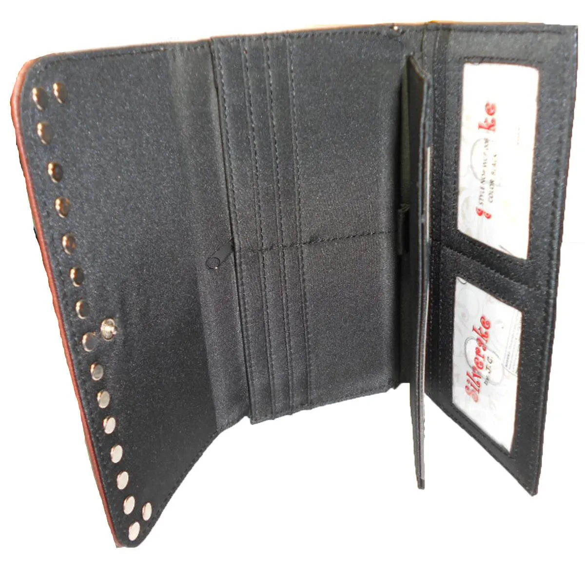 Designer inspired silverake brown tan pup strip patchwork woman checkbook L wall
