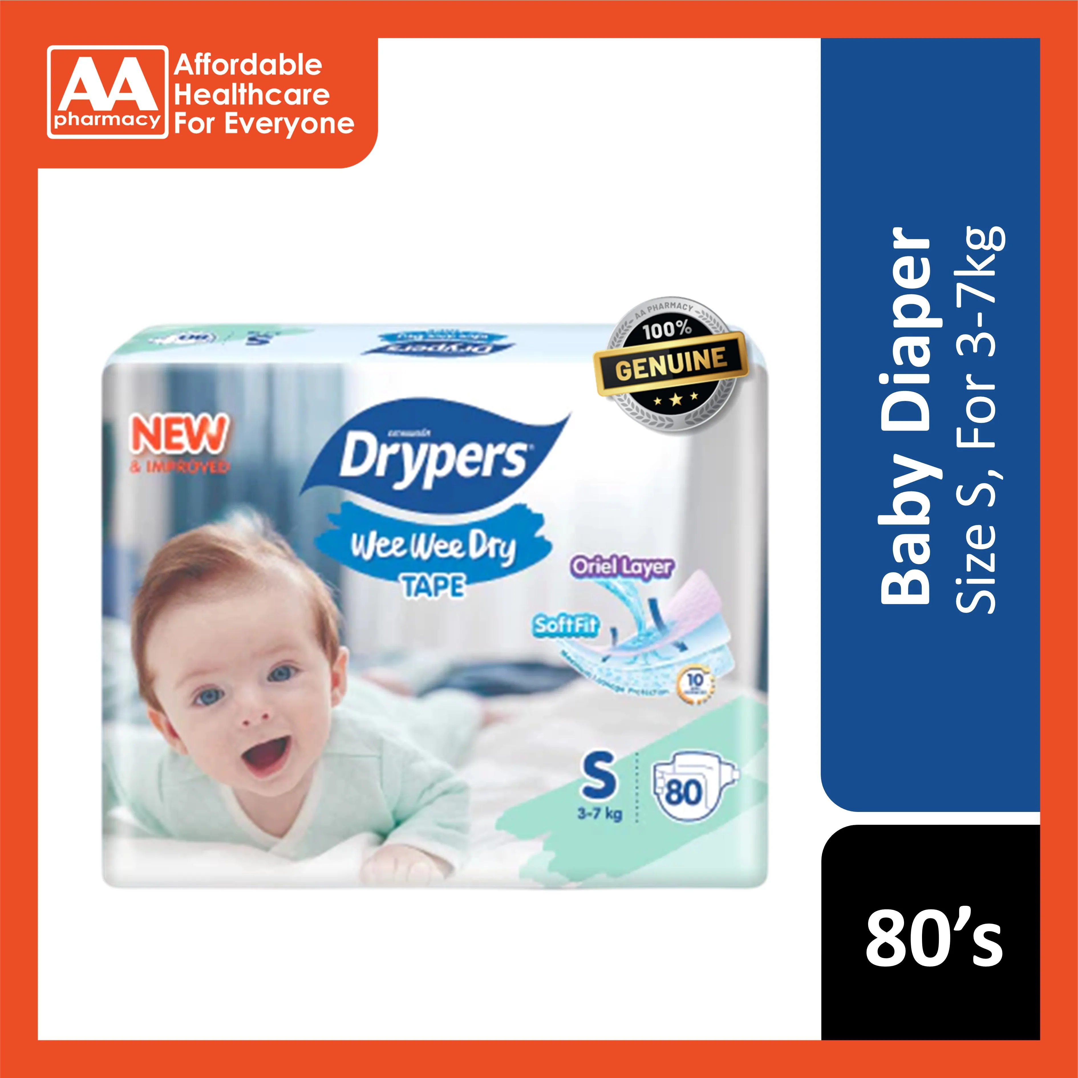Drypers Wee Wee Dry Baby Tape Diapers Size S 80's (3-7kg)