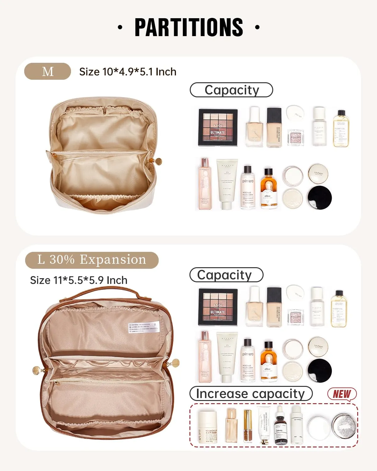 EACHY Travel Makeup Bag, Large Capacity Cosmetic Bags for Women, Waterproof Portable Open Flat Toiletry Bag Make up Bag with Divider and Handle, Gifts for Women (Large-Brown, Large)