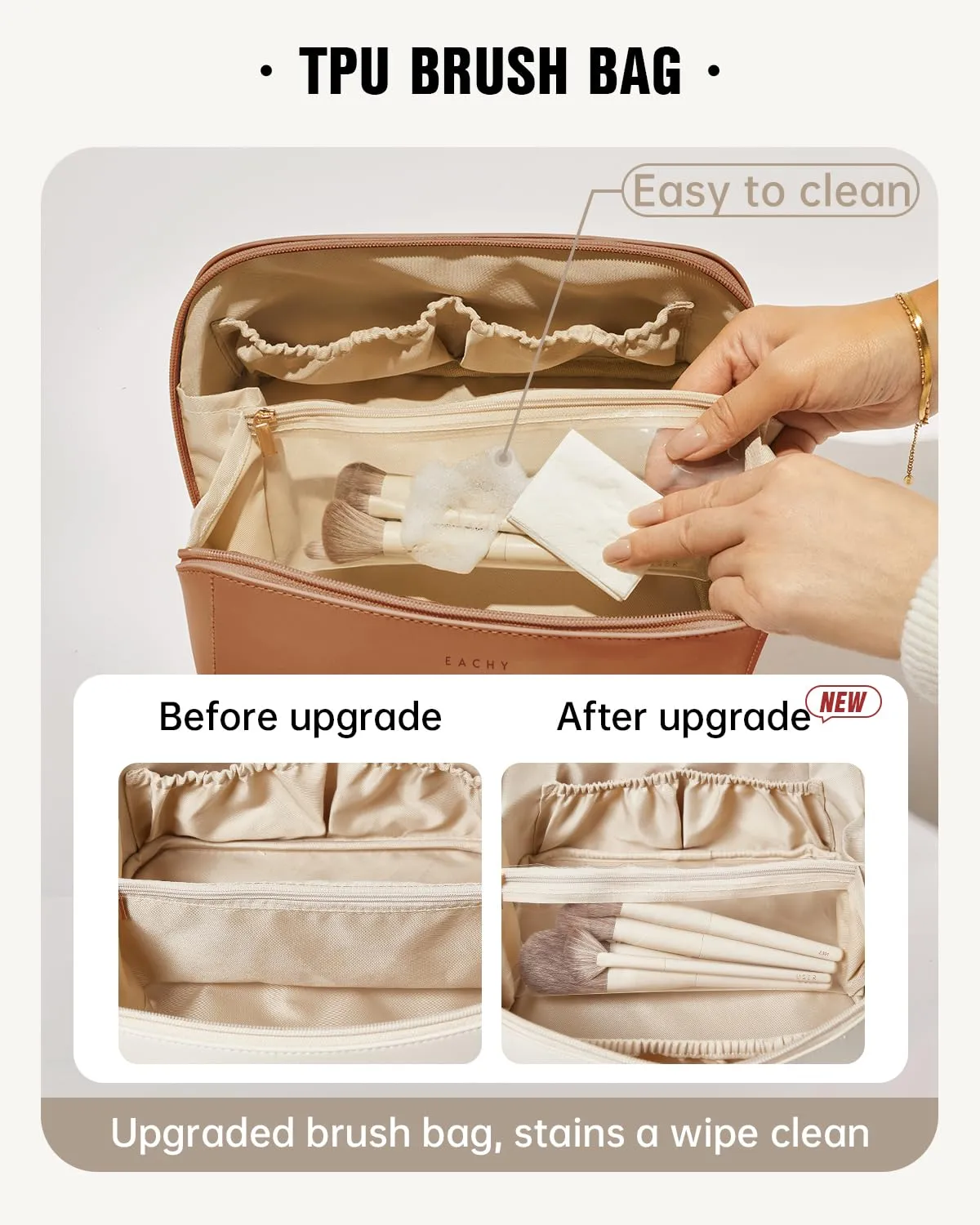 EACHY Travel Makeup Bag, Large Capacity Cosmetic Bags for Women, Waterproof Portable Open Flat Toiletry Bag Make up Bag with Divider and Handle, Gifts for Women (Large-Brown, Large)