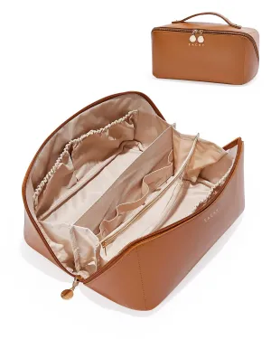 EACHY Travel Makeup Bag, Large Capacity Cosmetic Bags for Women, Waterproof Portable Open Flat Toiletry Bag Make up Bag with Divider and Handle, Gifts for Women (Large-Brown, Large)