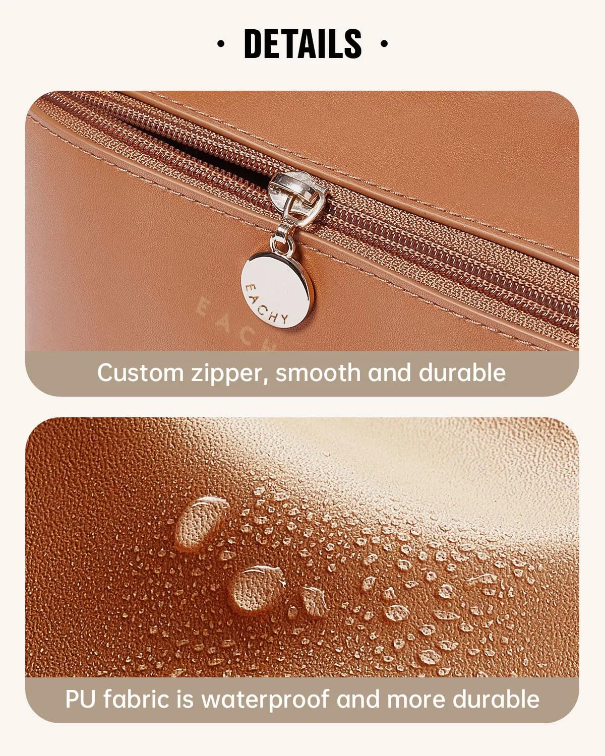 EACHY Travel Makeup Bag, Large Capacity Cosmetic Bags for Women, Waterproof Portable Open Flat Toiletry Bag Make up Bag with Divider and Handle, Gifts for Women (Large-Brown, Large)
