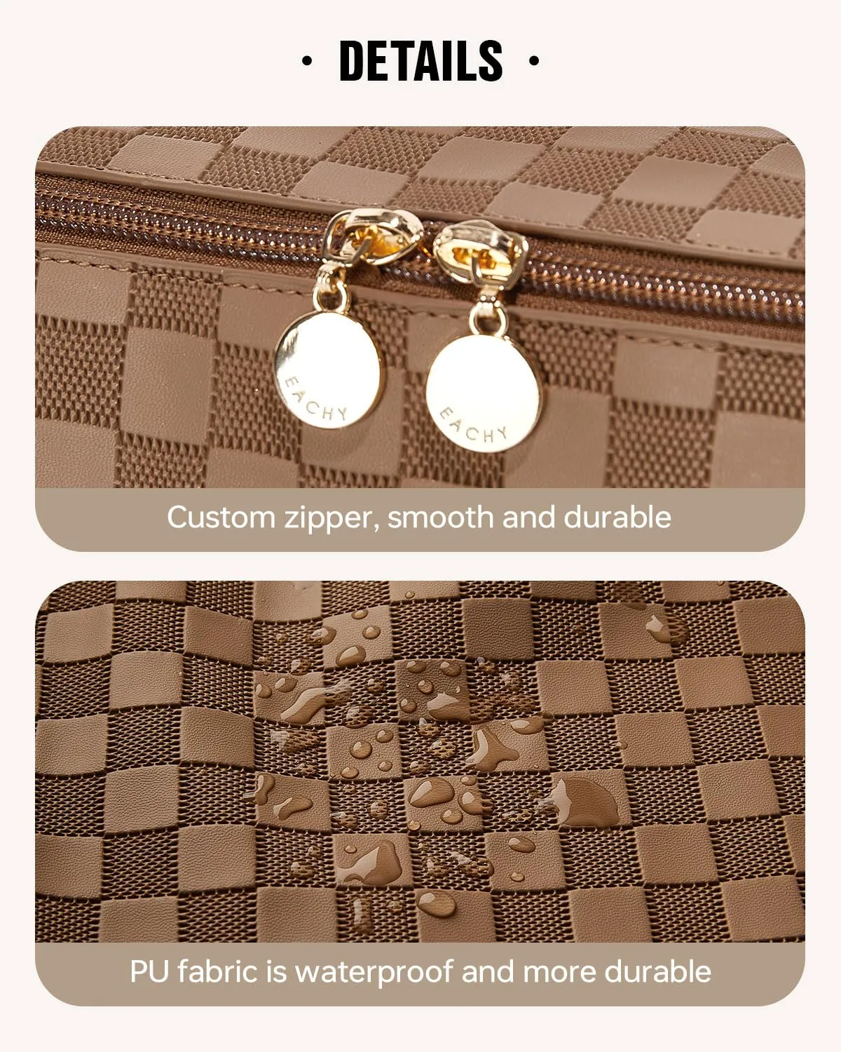 EACHY Travel Makeup Bag, Large Capacity Cosmetic Bags for Women, Waterproof Portable Open Flat Toiletry Bag Make up Bag with Divider and Handle, Gifts for Women (Plaid-Brown, Medium)