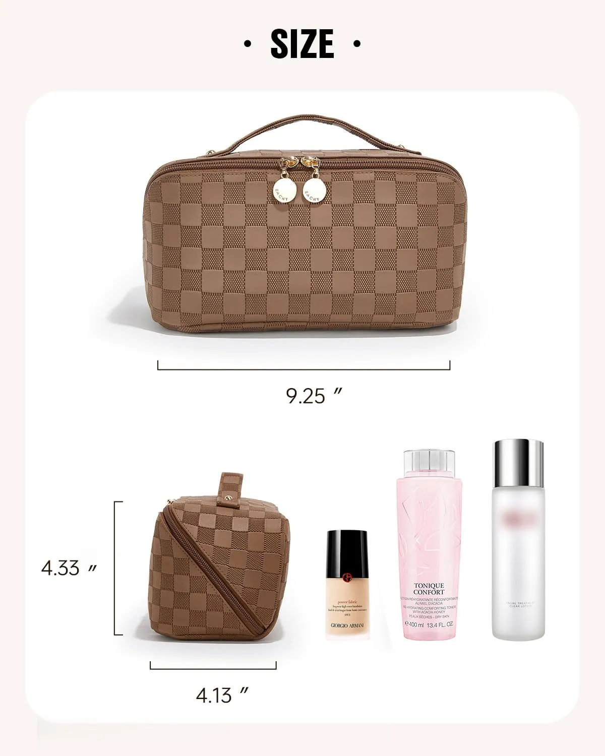 EACHY Travel Makeup Bag, Large Capacity Cosmetic Bags for Women, Waterproof Portable Open Flat Toiletry Bag Make up Bag with Divider and Handle, Gifts for Women (Plaid-Brown, Medium)