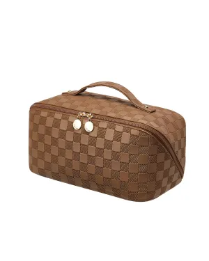 EACHY Travel Makeup Bag, Large Capacity Cosmetic Bags for Women, Waterproof Portable Open Flat Toiletry Bag Make up Bag with Divider and Handle, Gifts for Women (Plaid-Brown, Medium)