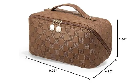 EACHY Travel Makeup Bag, Large Capacity Cosmetic Bags for Women, Waterproof Portable Open Flat Toiletry Bag Make up Bag with Divider and Handle, Gifts for Women (Plaid-Brown, Medium)