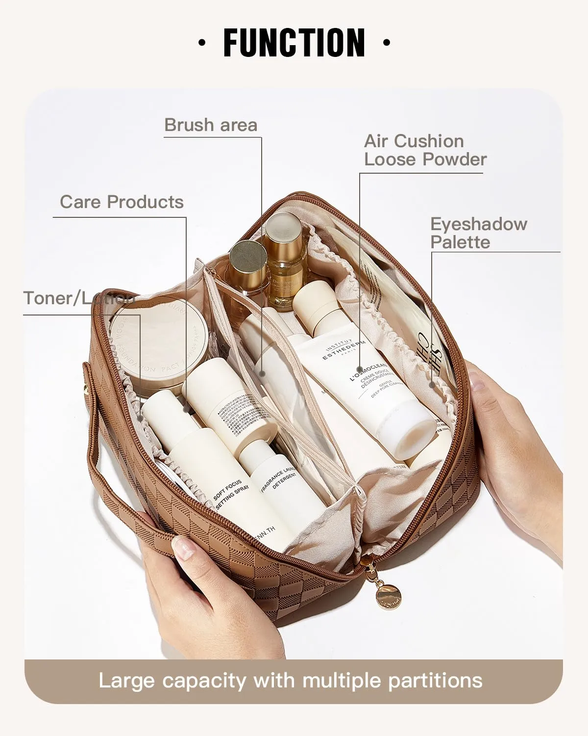 EACHY Travel Makeup Bag, Large Capacity Cosmetic Bags for Women, Waterproof Portable Open Flat Toiletry Bag Make up Bag with Divider and Handle, Gifts for Women (Plaid-Brown, Medium)