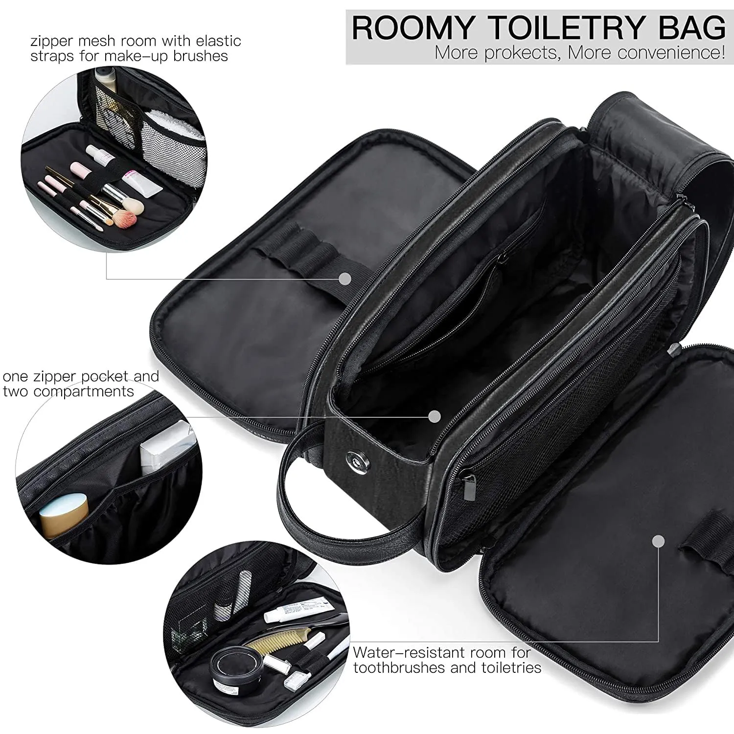 Elviros Toiletry Bag for Men, Large Travel Shaving Dopp Kit Water-resistant Bathroom Toiletries Organizer PU Leather Cosmetic Bags (Medium, Black)